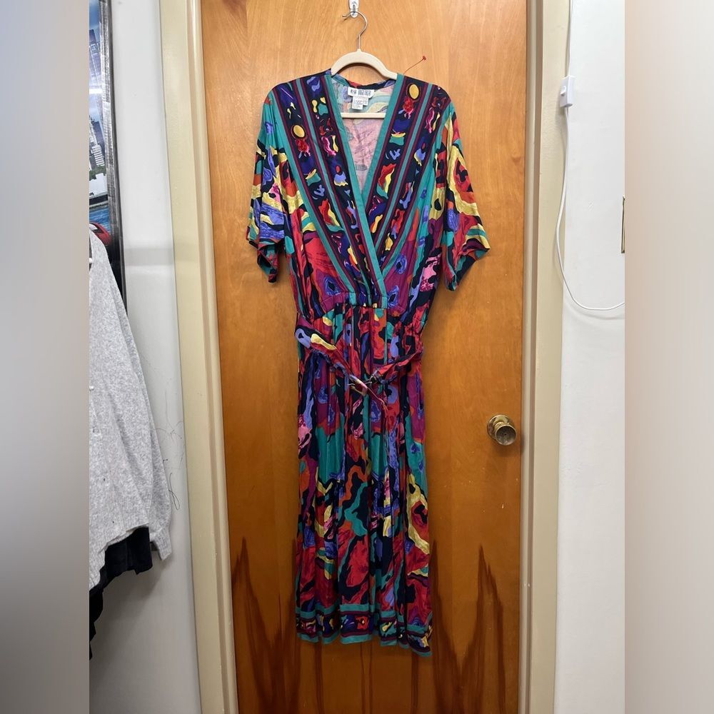 Vintage 80s 90s Together Multicolor Abstract funky loud faux wrap Dress